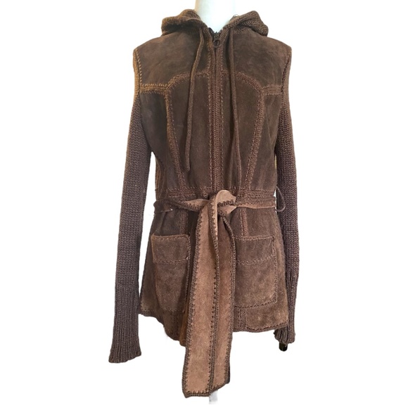 Vintage Suede patchwork knit belted boho jacket. Sz L - Picture 3 of 16